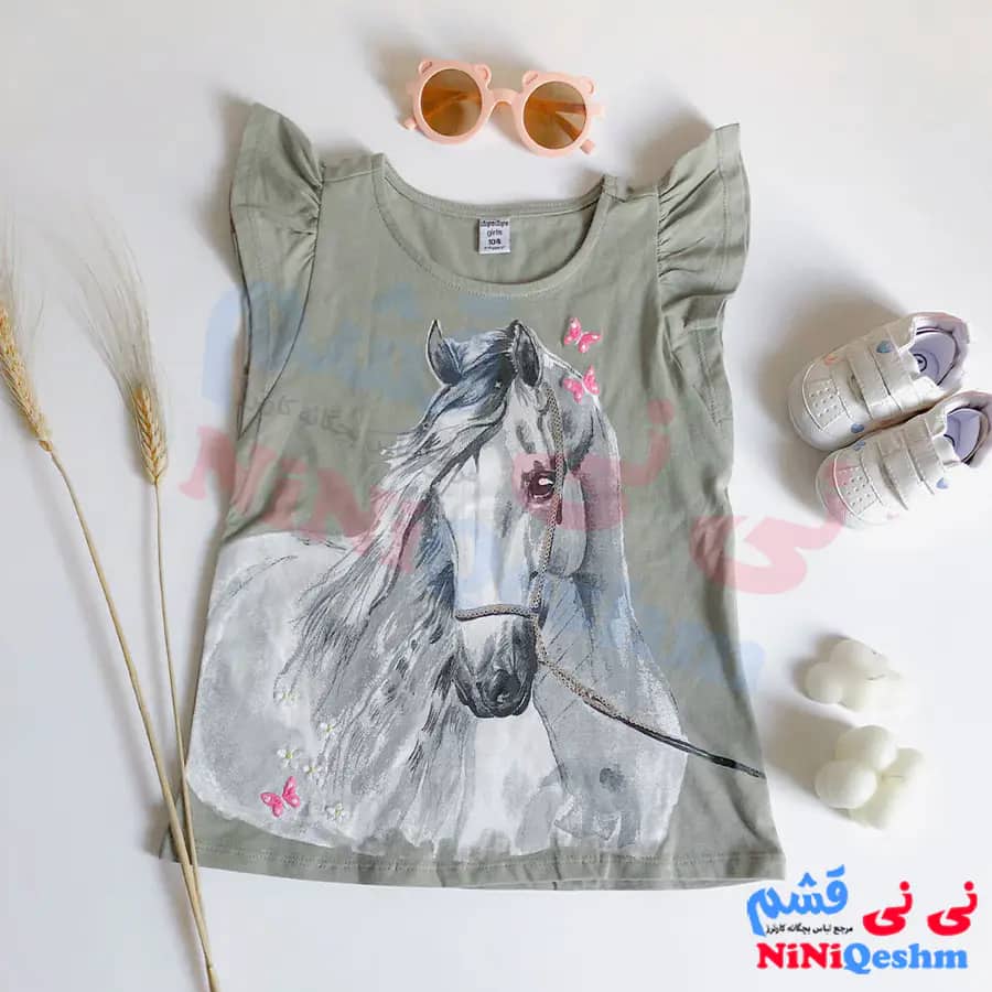 تاپ بچه گانه دختر رنگ سبز طرح اسب سفید