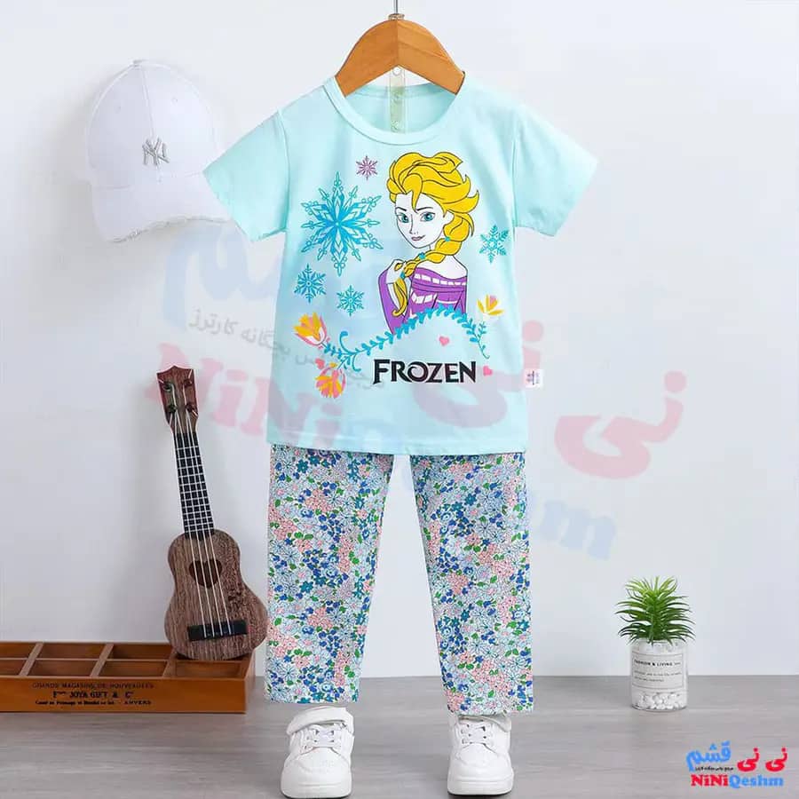تیشرت و شلوار دخترانه رنگ ابی طرح frozen
