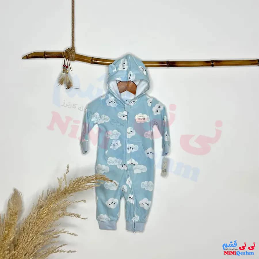 سرهمی کلاهدار نوزادی آبی طرح طرح اسمان ابری