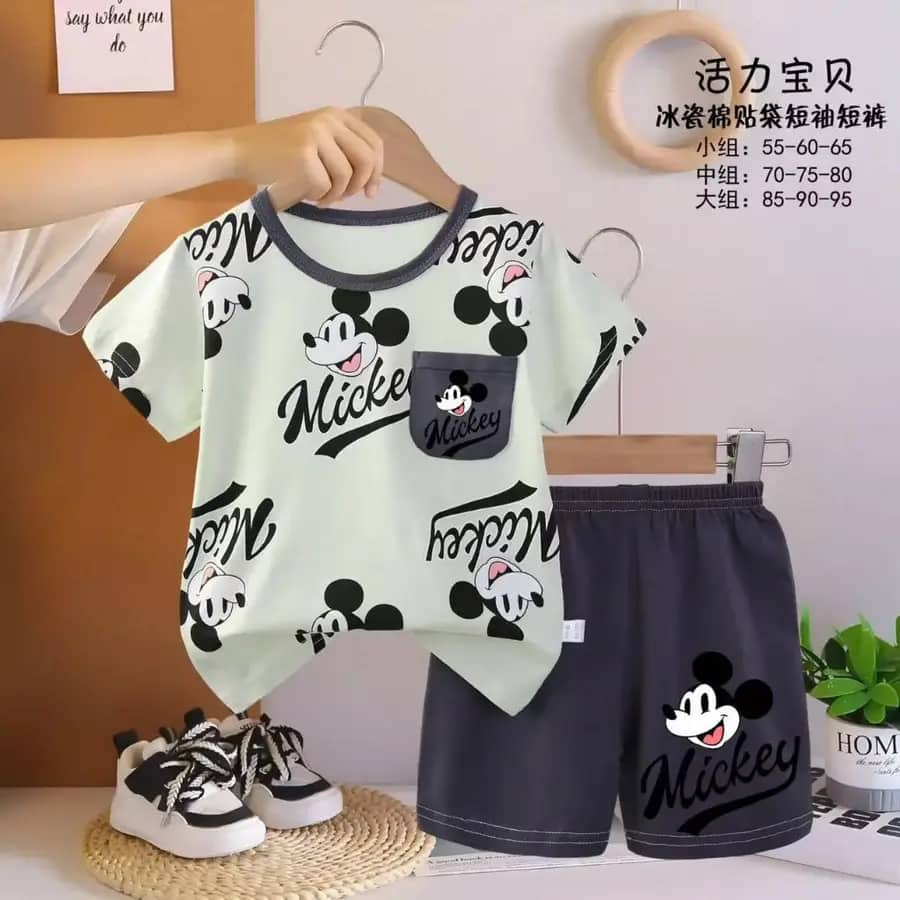 ست تیشرت شلوارک پسرانه طرح Mickey Mouse با تیشرت سبز نعنایی و شلوارک خاکستری — کد 22073 فروشگاه نی نی قشم