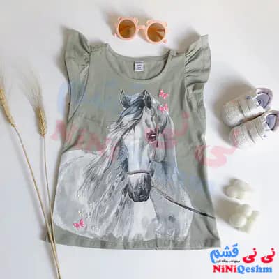 تاپ بچه گانه دختر رنگ سبز طرح اسب سفید