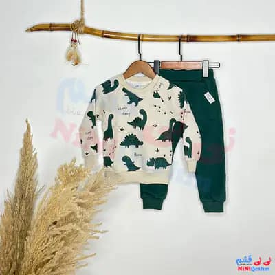 دورس بچه گانه رنگ کرمی سبز طرح دینو کوچولو