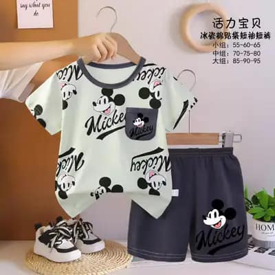 ست تیشرت شلوارک پسرانه طرح Mickey Mouse با تیشرت سبز نعنایی و شلوارک خاکستری — کد 22073 فروشگاه نی نی قشم