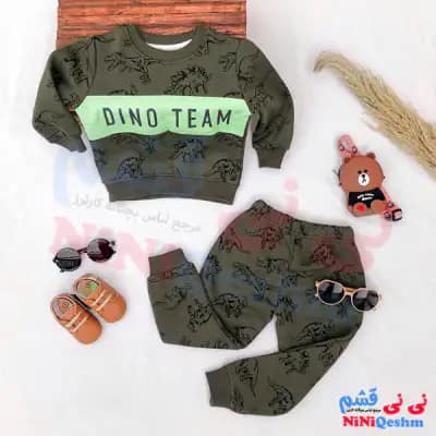 بلوز و شلوار بچه‌گانه رنگ سبز یشمی طرح دایناسور کوچولو